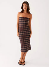 Niko Strapless Midi Dress - Brown Black Check