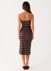 Niko Strapless Midi Dress - Brown Black Check