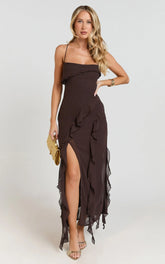 Connie Midi Dress - Ruffle Detail Dress in Chocolate
