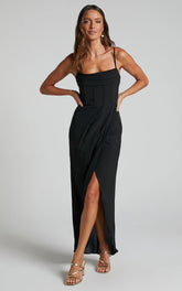 Andrina Midi Dress - High Low Wrap Corset Dress in Black