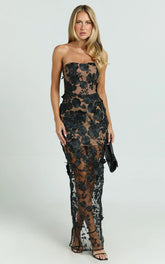 Sienna Maxi Dress - 3D Floral Strapless Column Dress in Black