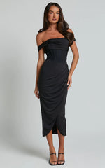 Aidia Midi Dress - Off Shoulder Draped Corset Dress in Black