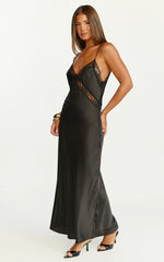 Christy Midi Dress - V Neck Lace Detail Slip Dress in Black