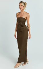 Jamie Maxi Dress - Strapless Ruched Fitted Column Dress in Chocolate