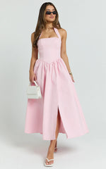 Helda Midi Dress - Halter Tie Neck Corset Panel Dress in Pink