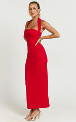 Salome Midi Dress - Halter Neck Column Dress in Red
