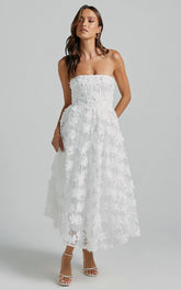 Rheiva Midi Dress - Strapless 3D Embroidery Midi Dress in White