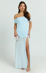 Leticia Maxi Dress - Mesh Off Shoulder Ruched High Split Dress in Blue