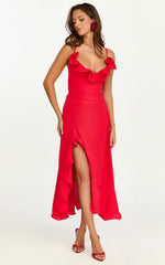 Vivienne Midi Dress - Rosette Neck Gathered Frill Split Leg Dress in Red