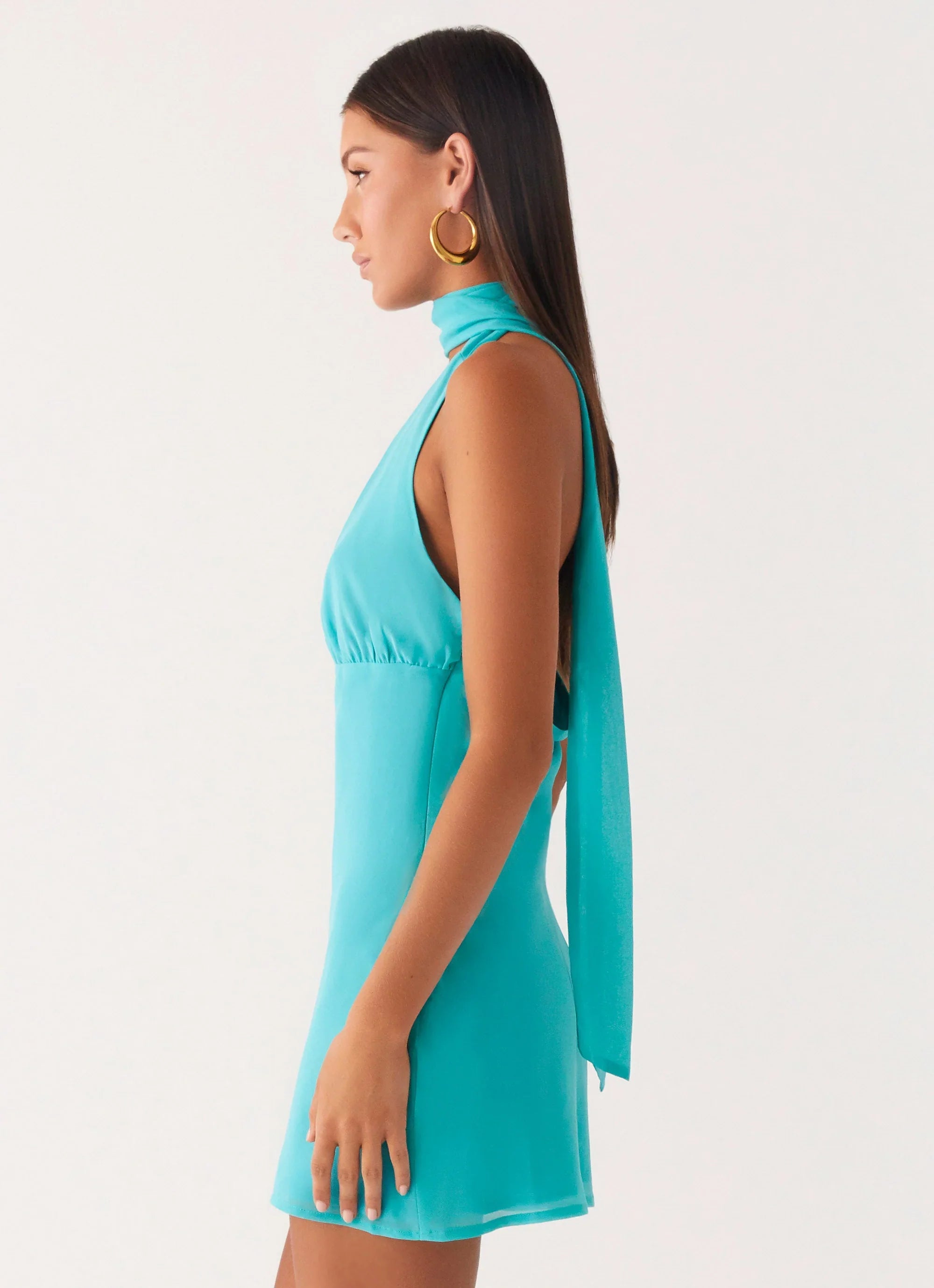Melisande Scarf Neck Mini Dress - Aqua Blue