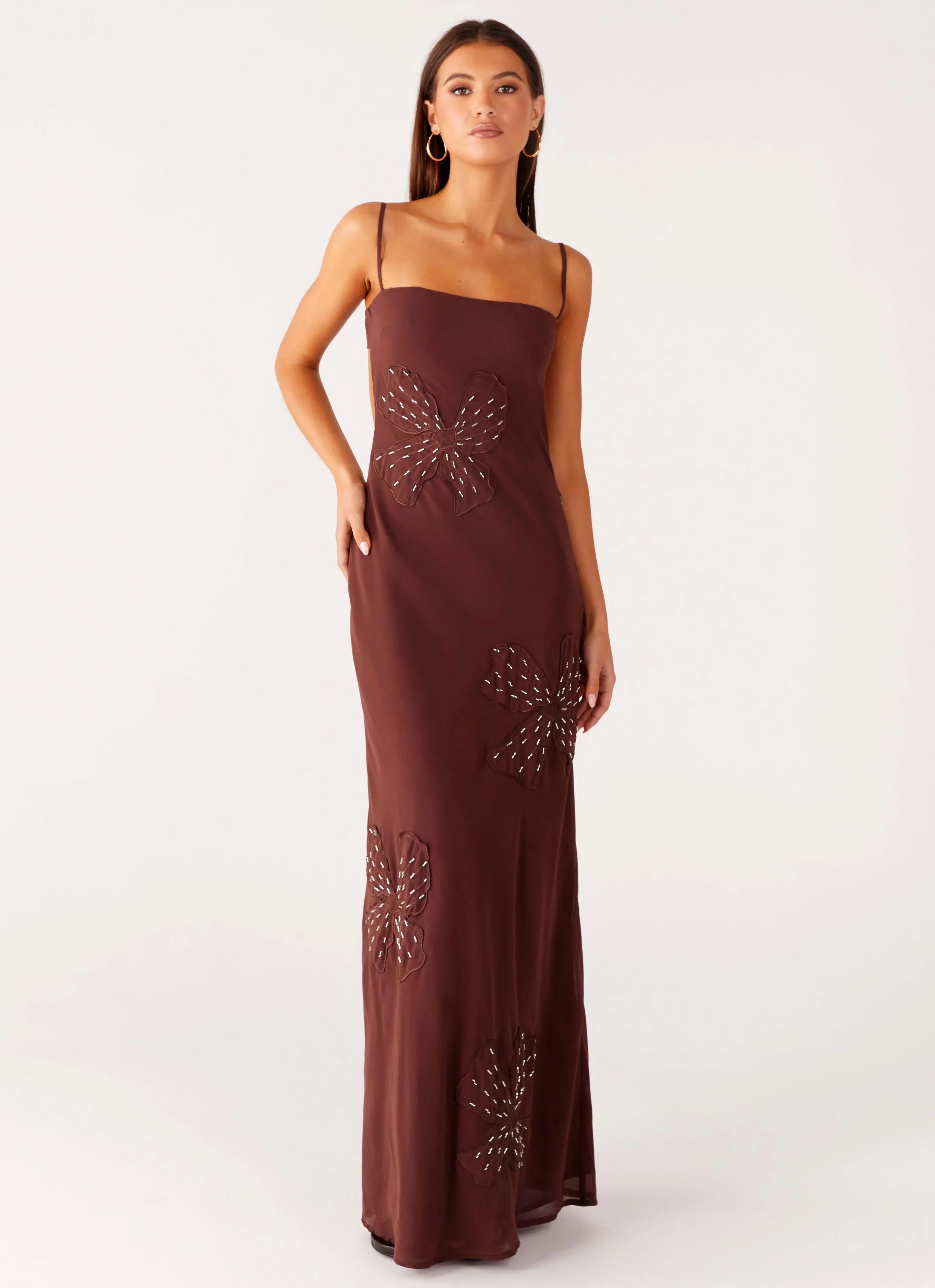 Bayla Beaded Flower Maxi Dress - Chocolate