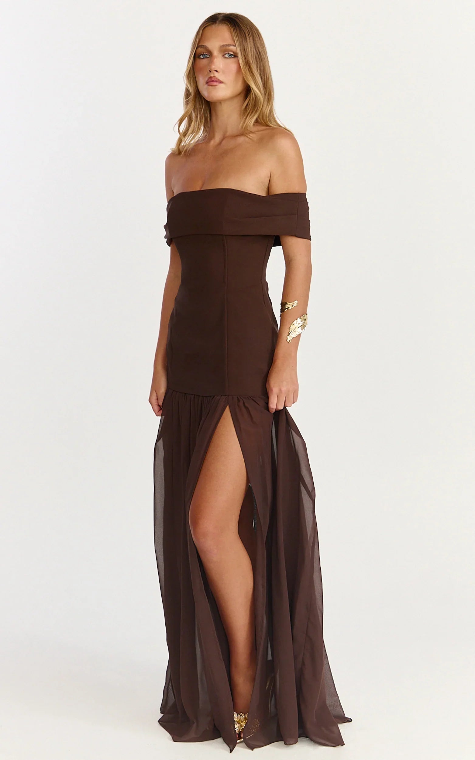 Florence Maxi Dress - Off Shoulder Sheer Skirt Dress in Chocolate