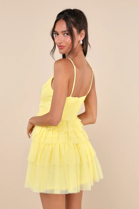 Special Poise Yellow Tulle Pleated Sleeveless Tiered Mini Dress