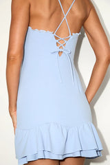Nihira Light Blue Tiered Lace-Up Mini Dress