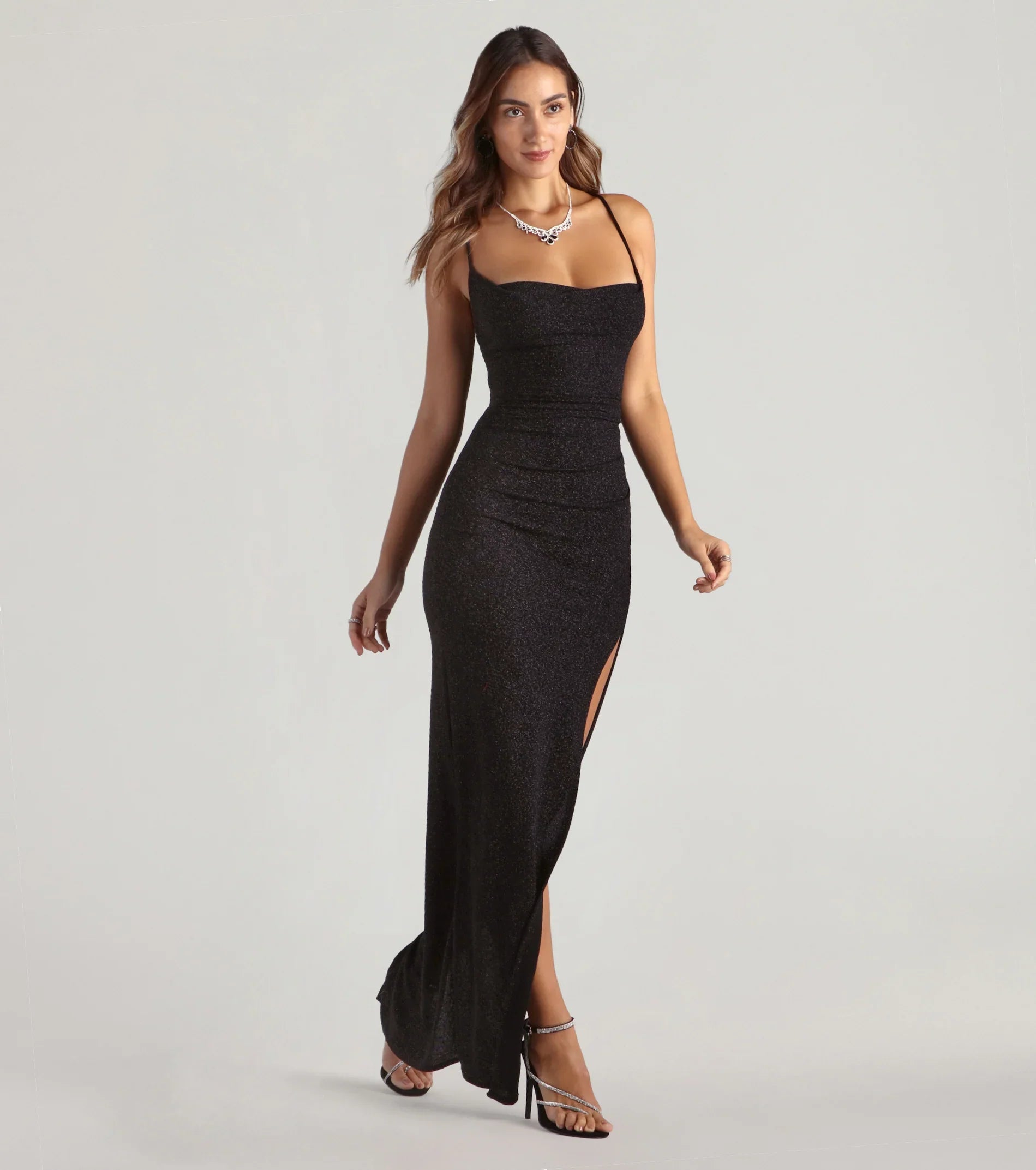 Amirah Formal Glitter Cowl Neck Column Dress