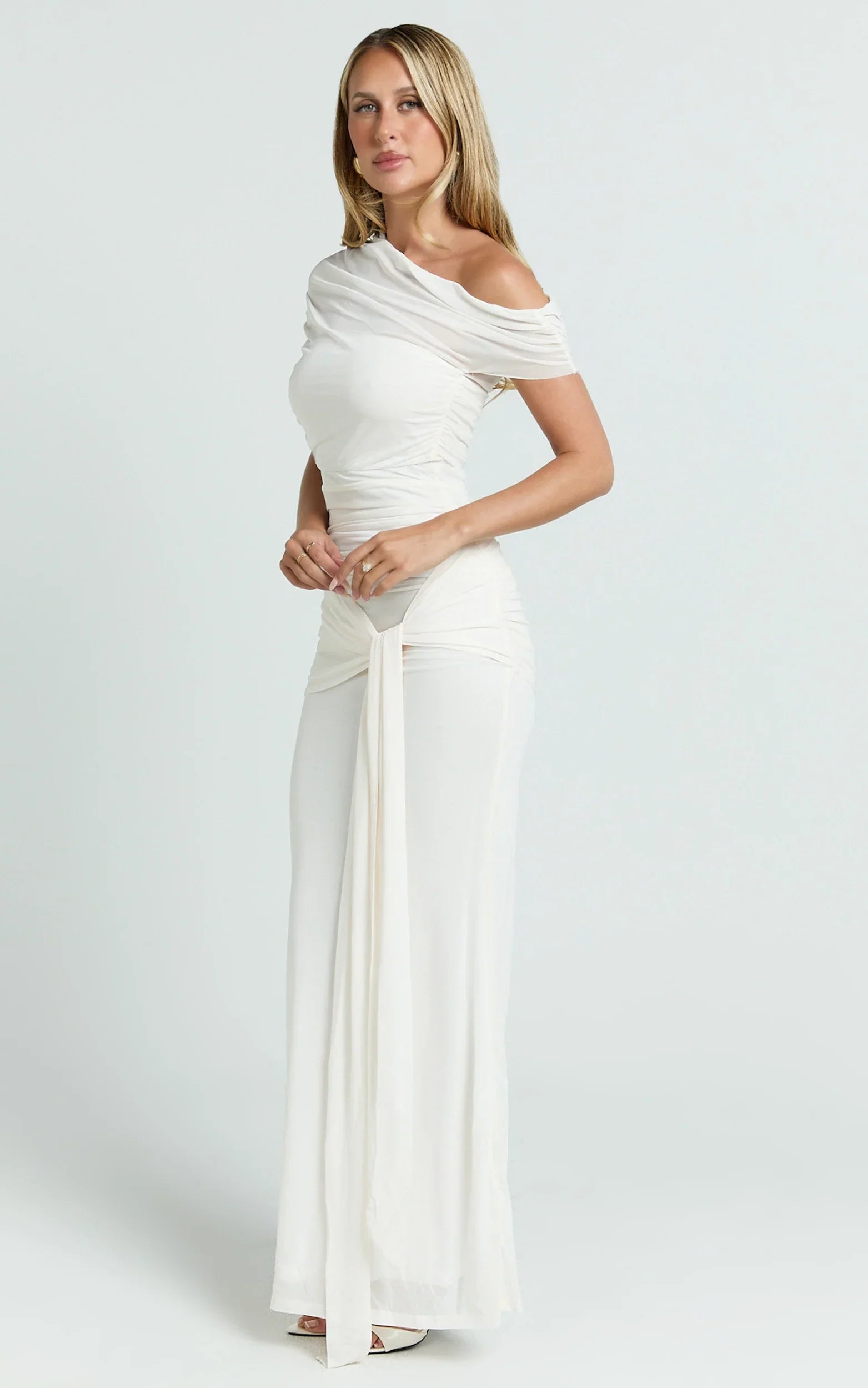 Nicolette Maxi Dress - Cape Sleeve Off Shoulder Dress in Cream