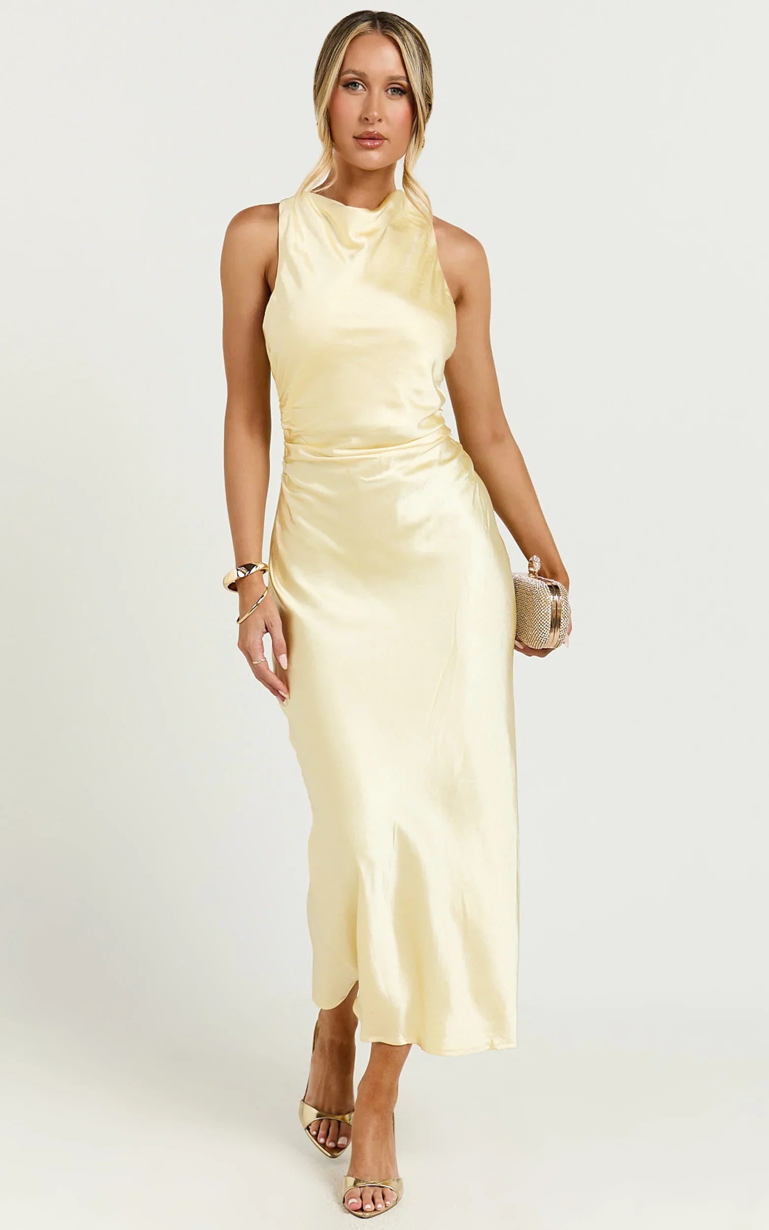 Aluna Midi Dress - High Neck Cross Back Satin Slip Dress in Lemon