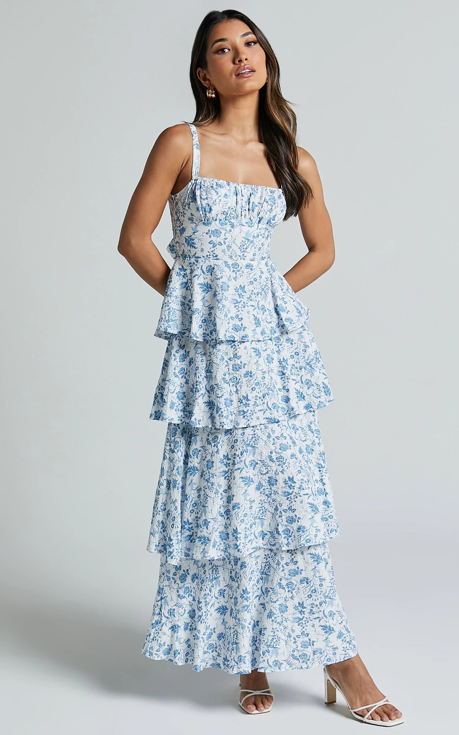 Lorma Midi Dress - Ruched Layered Dress in Blue Floral