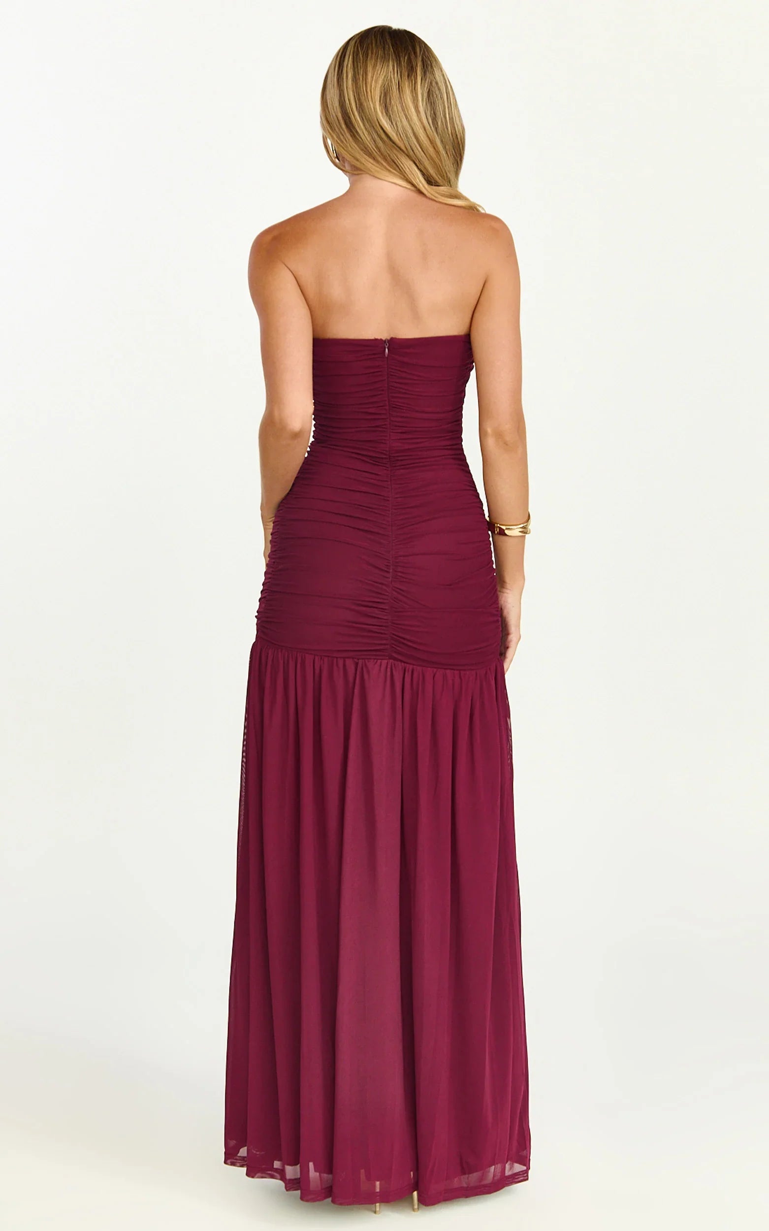 Lara Maxi Dress - Strapless Ruched Mesh High Leg Split Dress in Wine