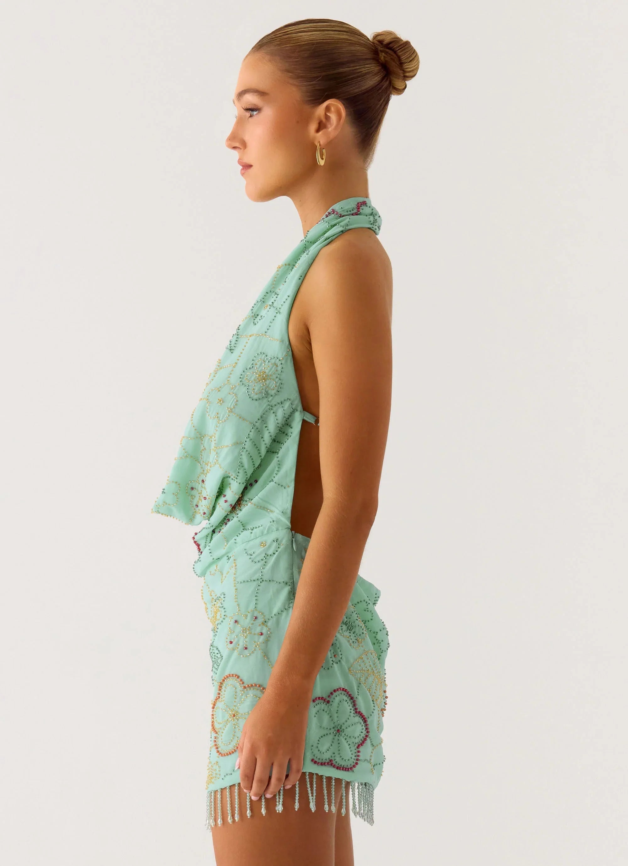 Outlaw Beaded Mini Dress - Mint Aqua