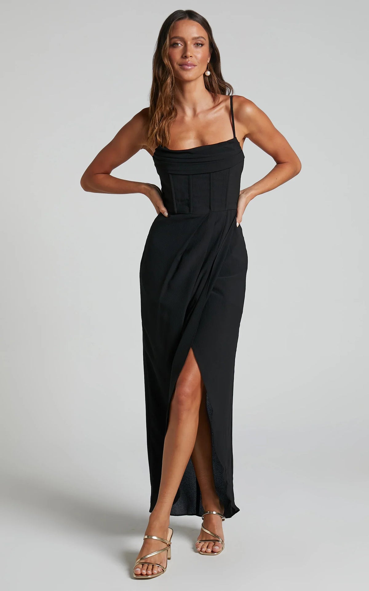 Andrina Midi Dress - High Low Wrap Corset Dress in Black