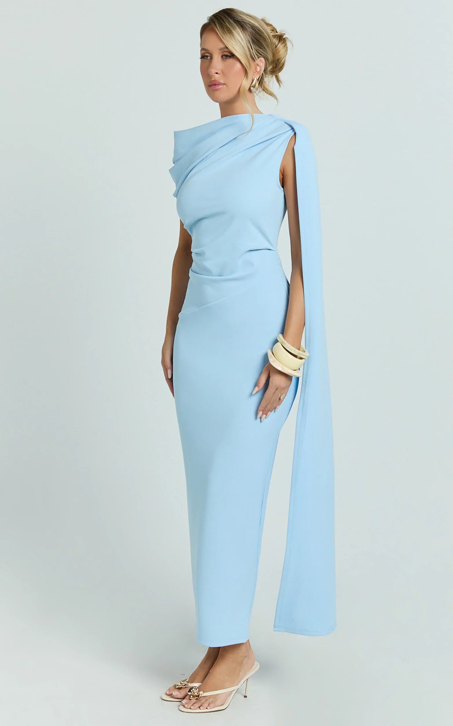 Visenta Midi Dress - Asymmetrical Sleeve Dress in Blue