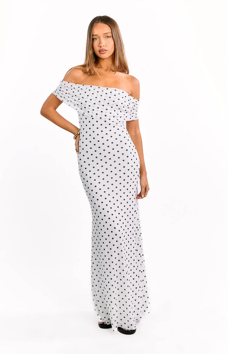 Cole White Polka Mesh Maxi Dress