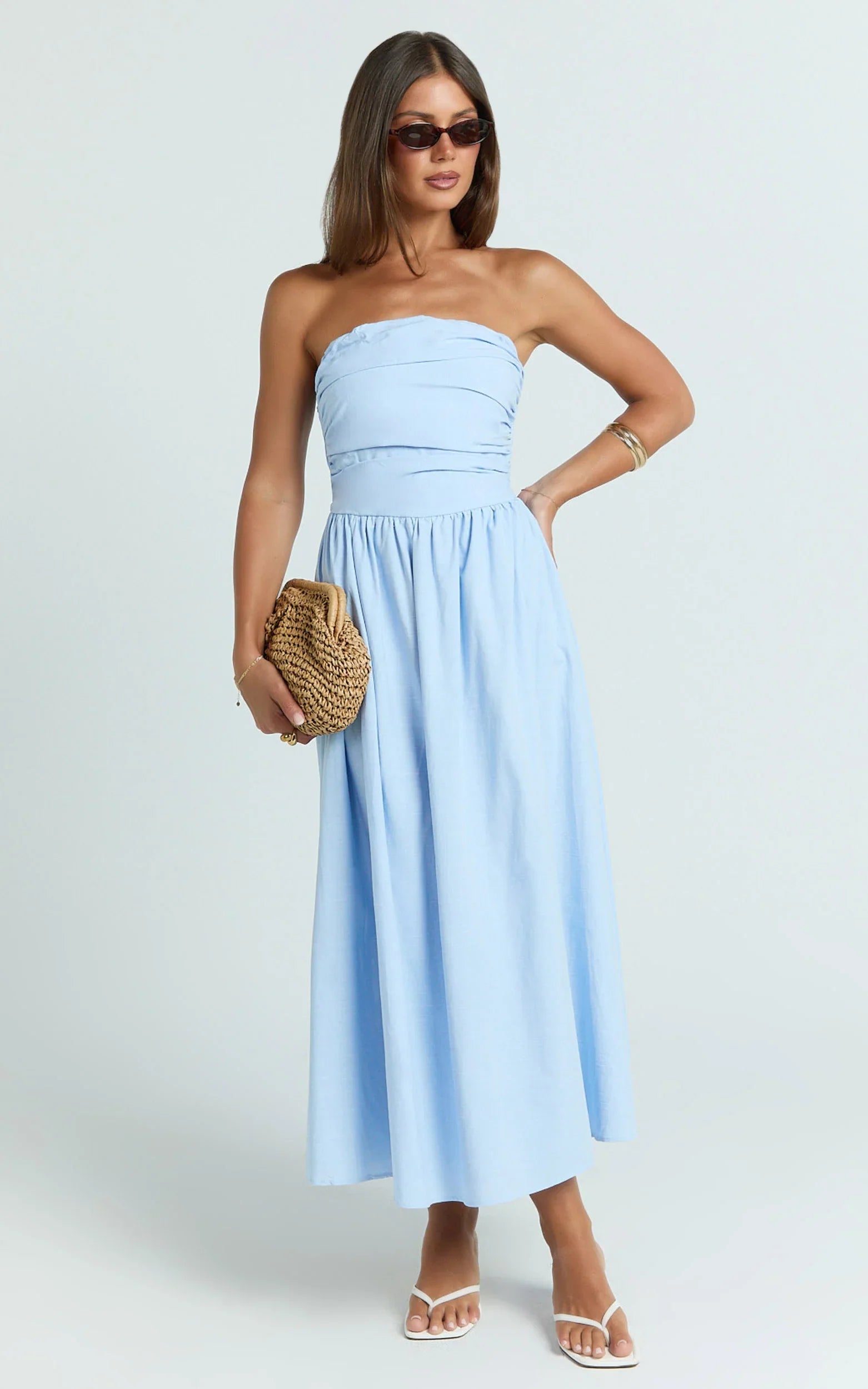 Polly Midi Dress - Strapless Ruched Dress in Blue