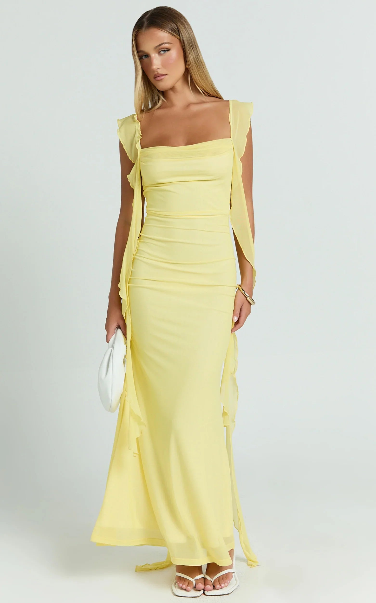 Rosha Maxi Dress - Ruffle Strap Dress in Butter