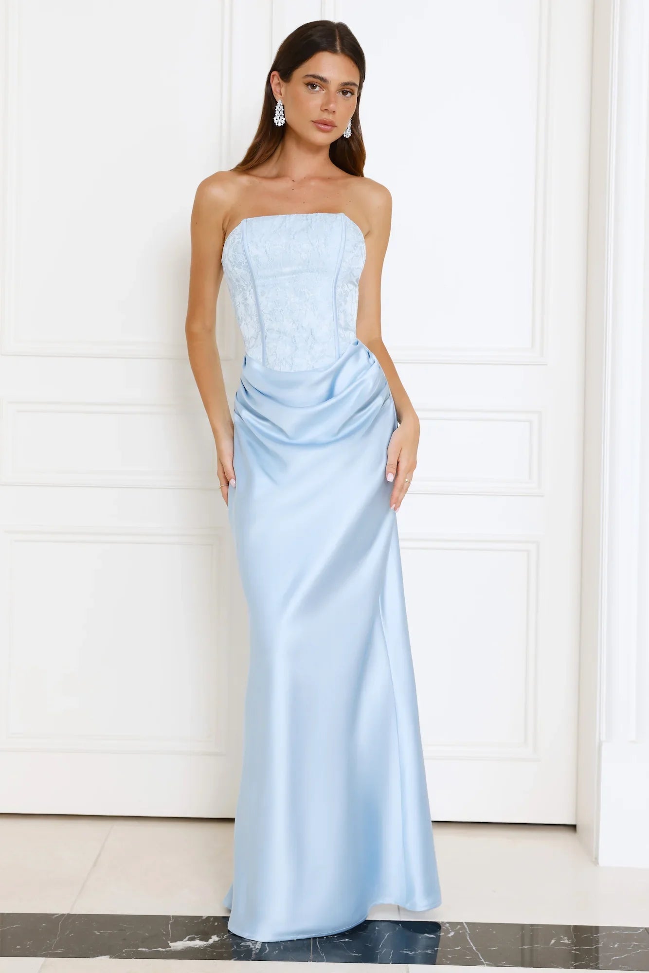 Dressed To Dazzle Strapless Satin Maxi Dress Blue