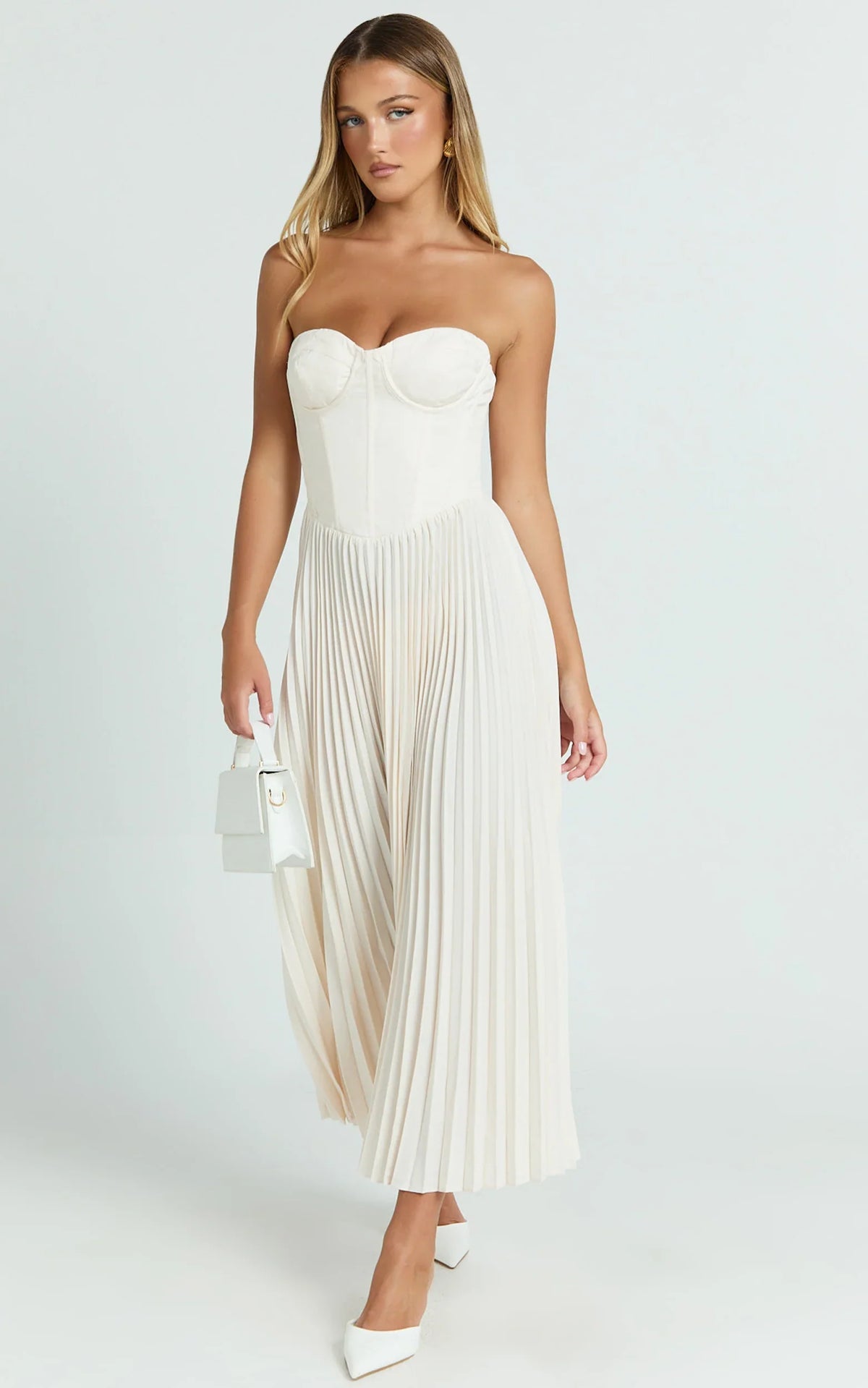 Loretta Midi Dress - Lace Up Back Bustier Pleated Dress in Cream