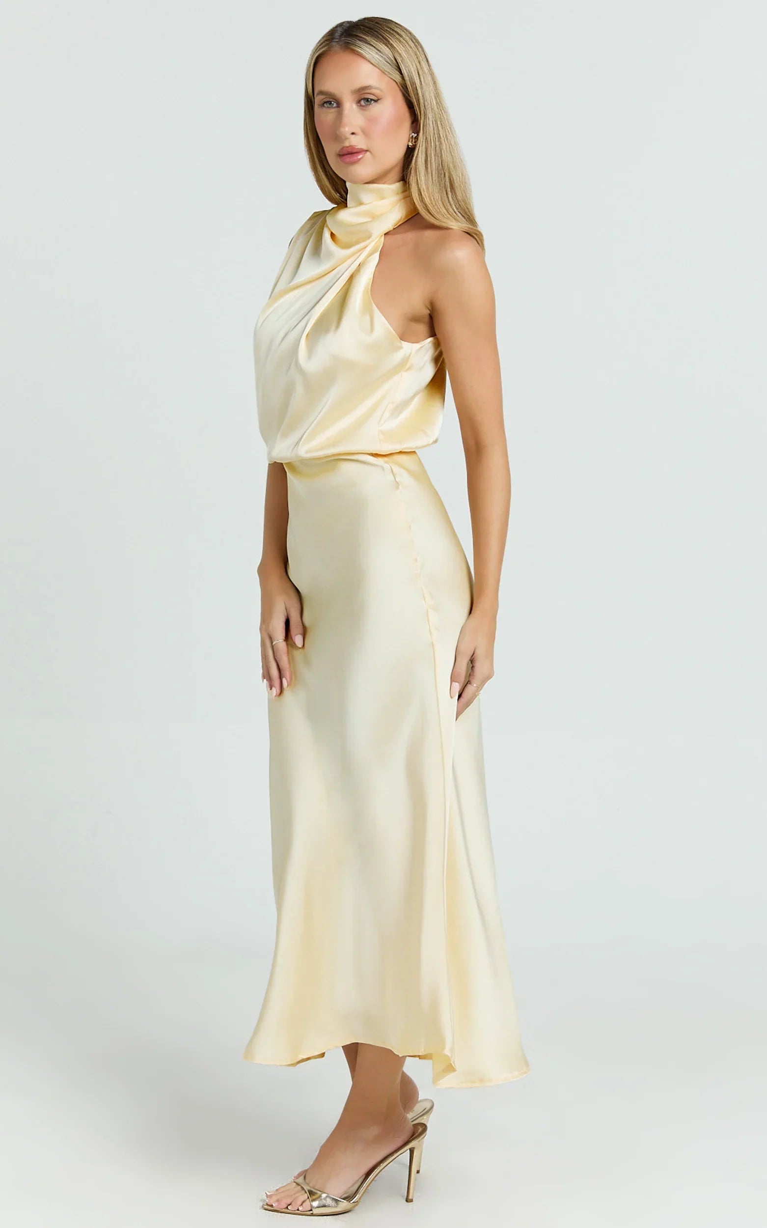 Minnie Midi Dress - Drape Neck Satin Slip Dress in Butter Yellow