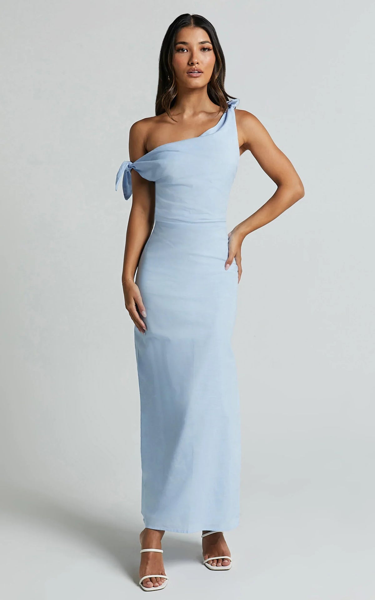 Cincinnati Midi Dress - Off The Shoulder Side Split Column Linen Dress in Pale Blue