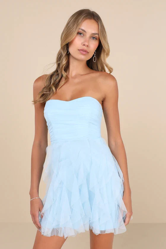 Delightful Beauty Pale Pink Mesh Strapless Ruffled Mini Dress