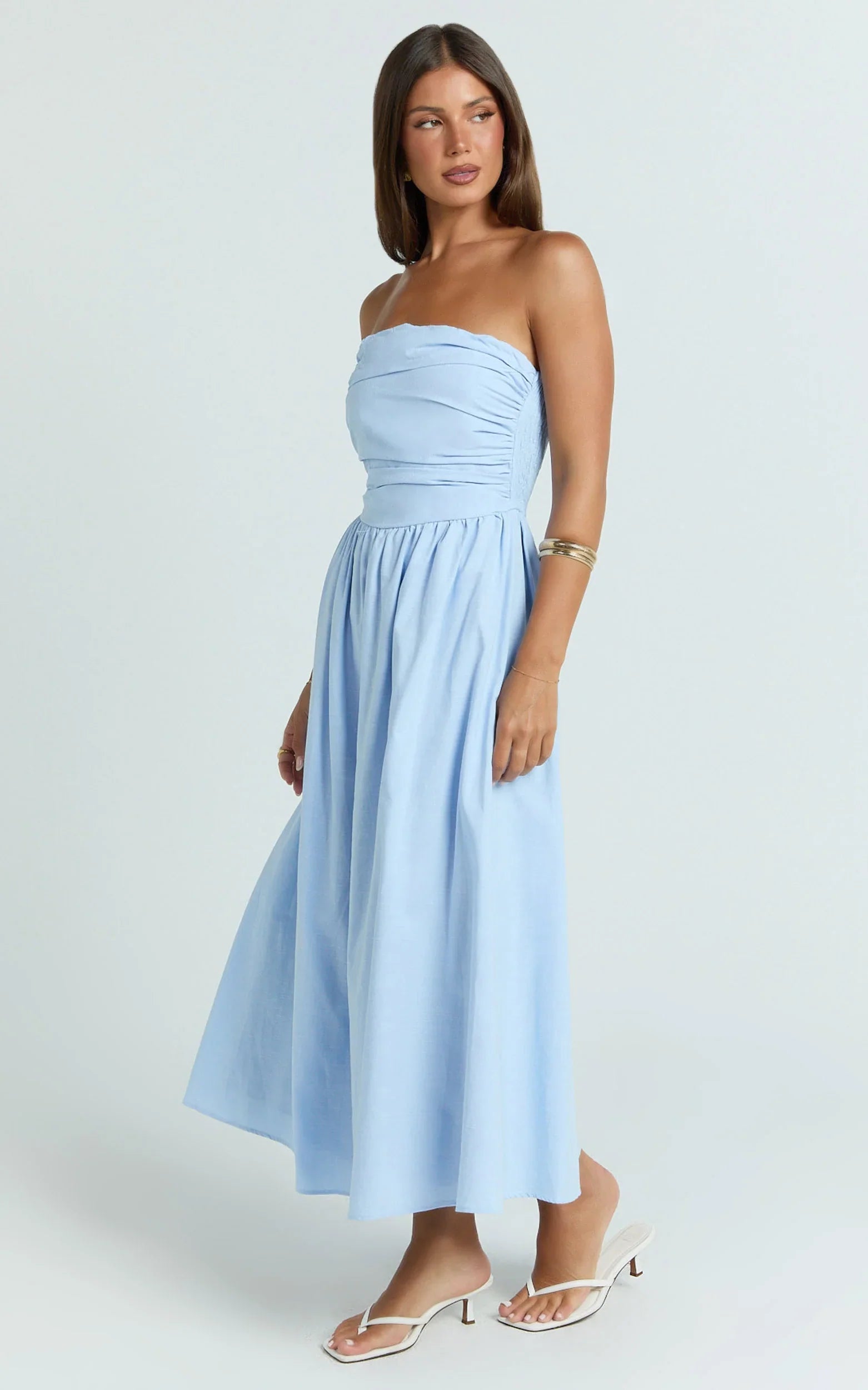 Polly Midi Dress - Strapless Ruched Dress in Blue