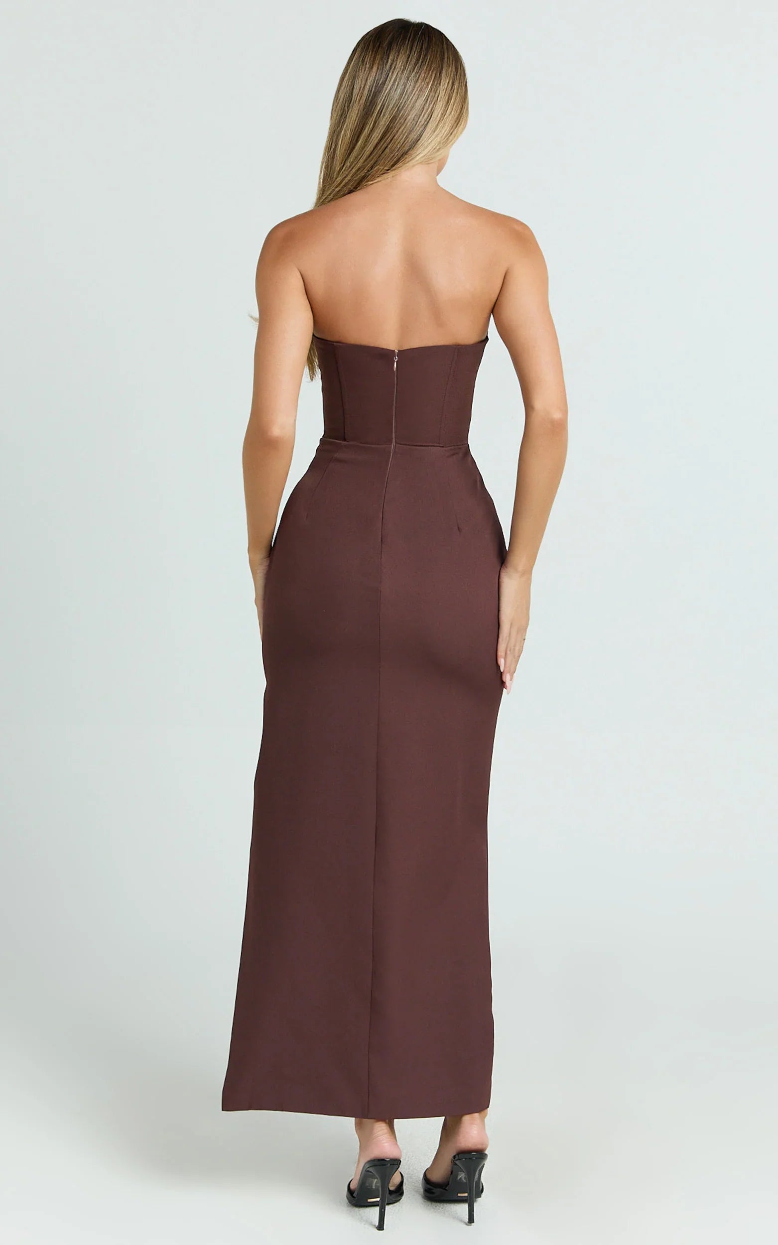 Avery Midi Dress - Strapless Draped Side Split Dress in Chocolate