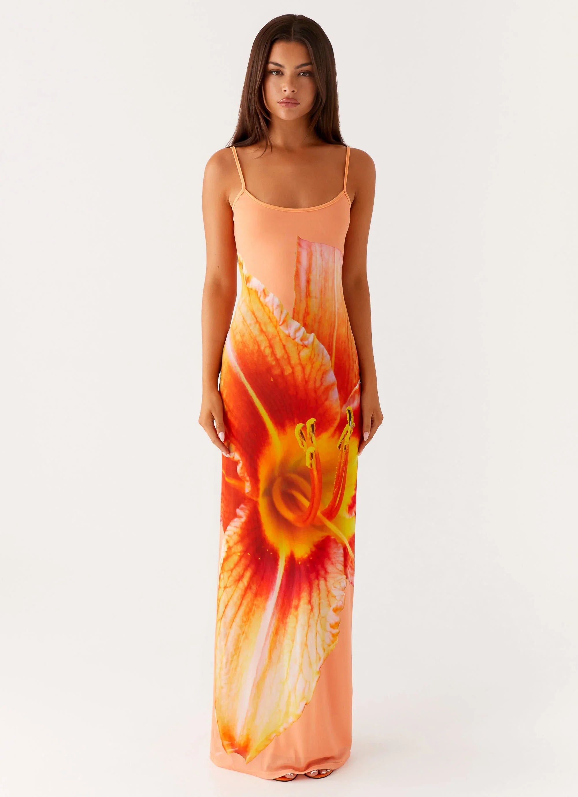Bad News Mesh Maxi Dress - Orange Floral