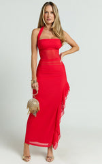 Almarie Midi Dress - Halter Neck Mesh Dress in Red