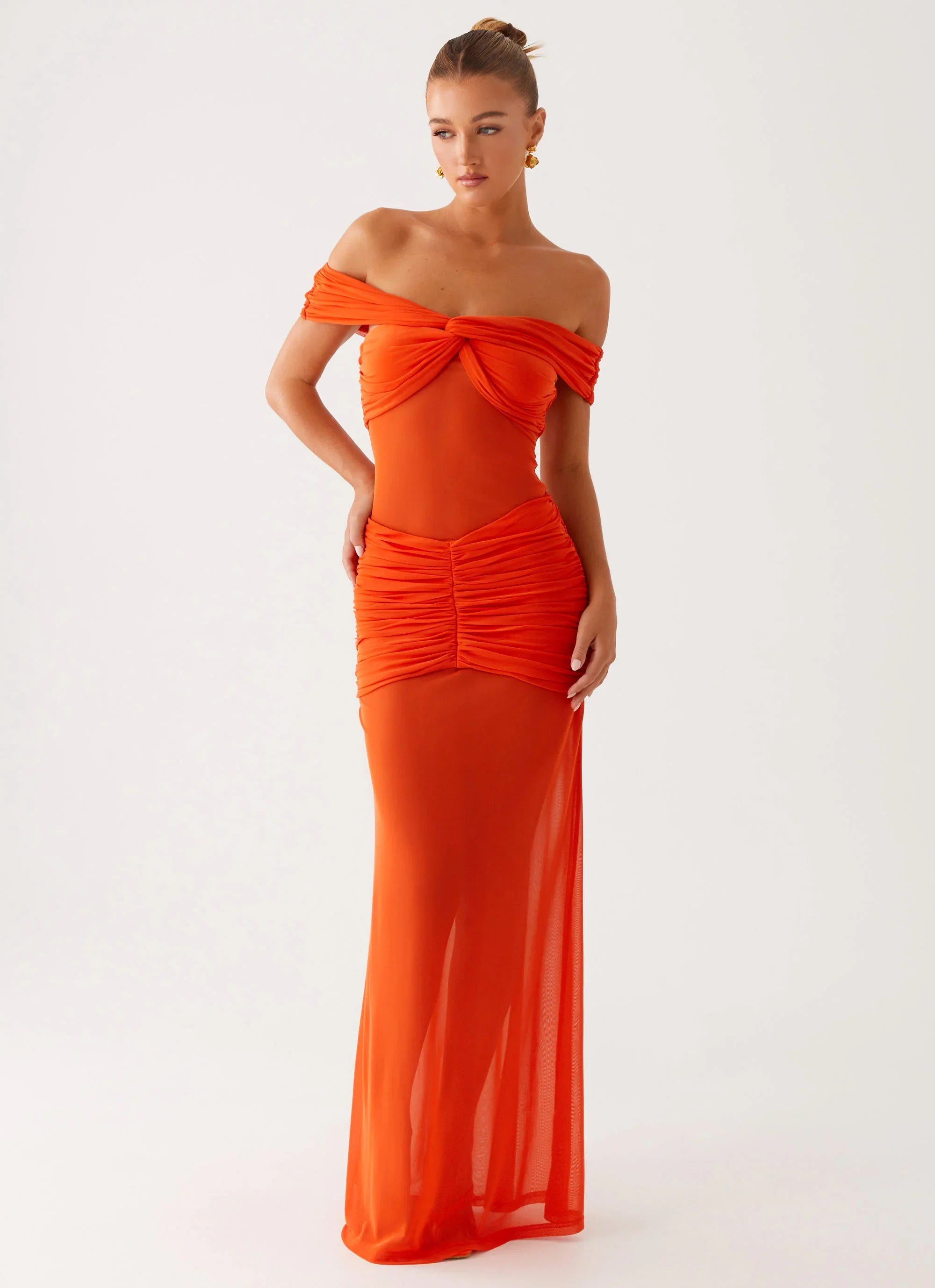 Charming Off Shoulder Maxi Dress - Orange
