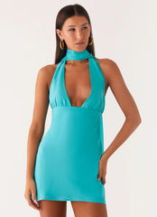 Melisande Scarf Neck Mini Dress - Aqua Blue