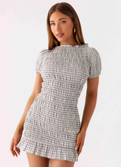 Millicent Ruched Mini Dress - Grey Check