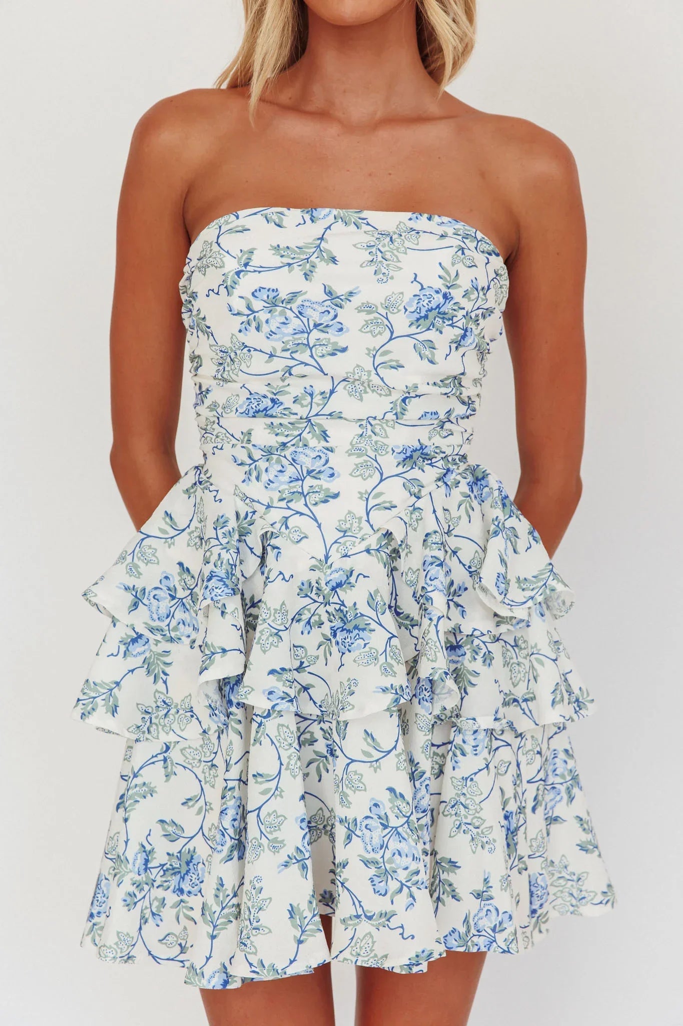 Like Me Tied Back Layered Mini Dress Floral Blue