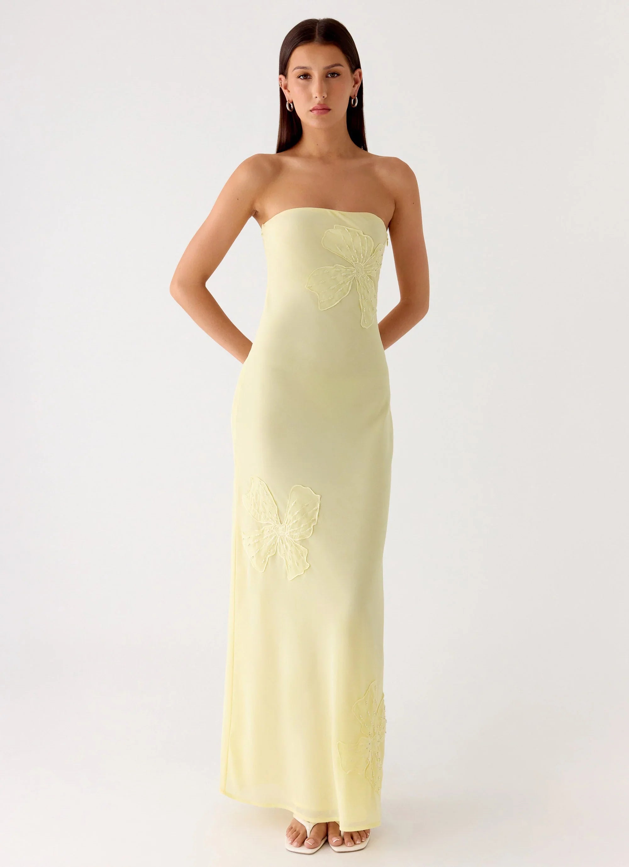 Sassafras Beaded Flower Strapless Maxi Dress - Yellow