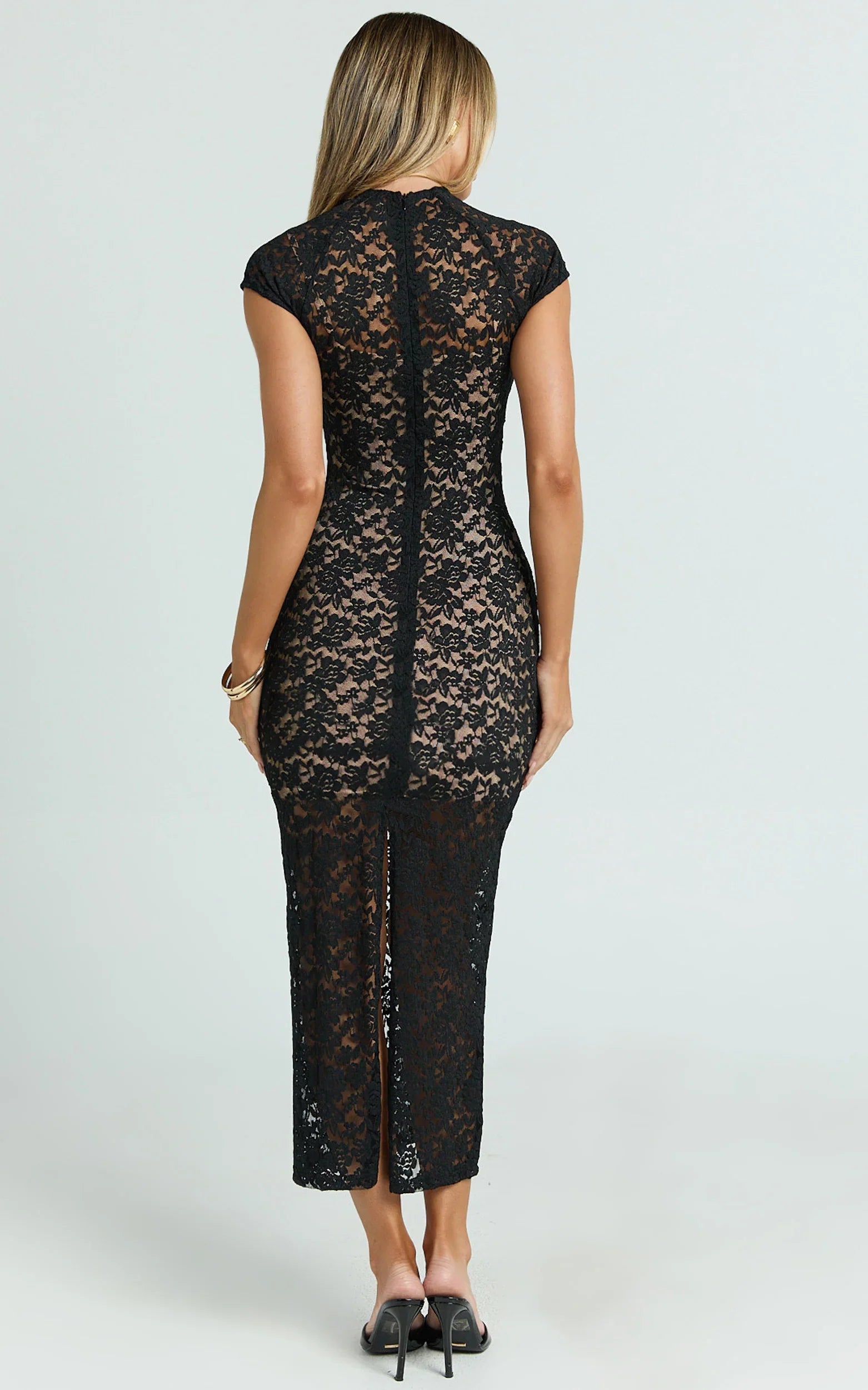 Emma Midi Dress - Lace Cap Sleeve Bodycon Dress in Black