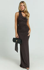 Larson Maxi Dress - Asymmetric Tie Neck Column Dress in Chocolate