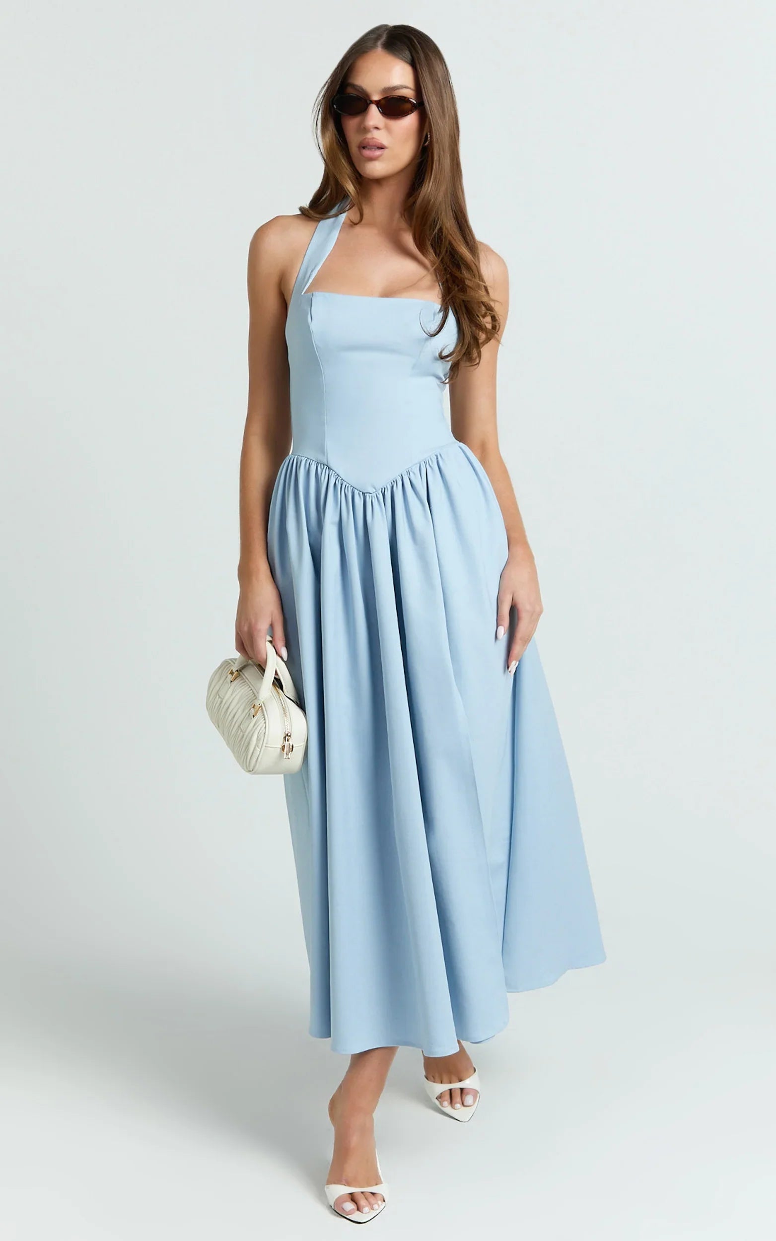 Helda Midi Dress - Halter Tie Neck Corset Panel Dress in Soft Blue