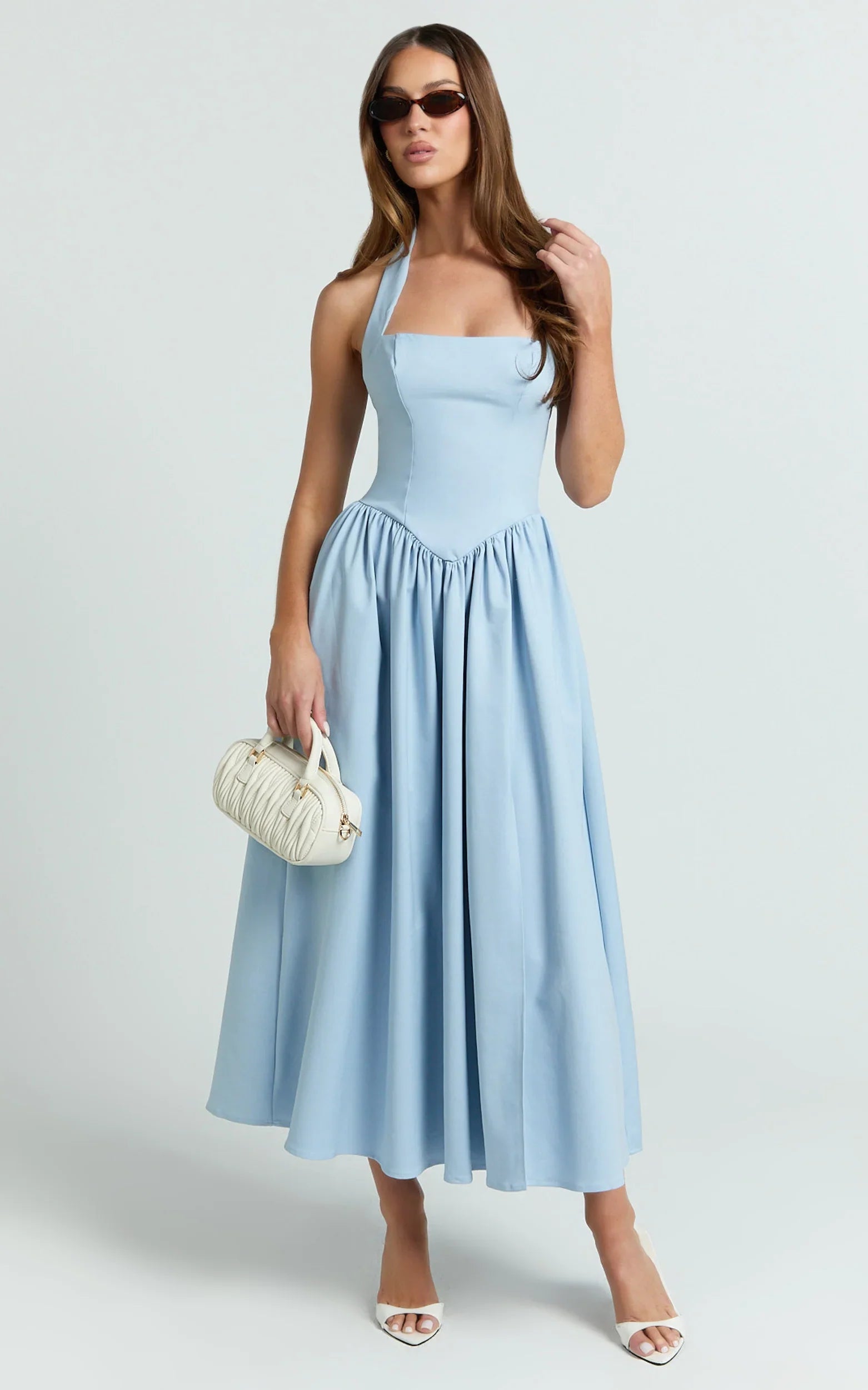 Helda Midi Dress - Halter Tie Neck Corset Panel Dress in Soft Blue