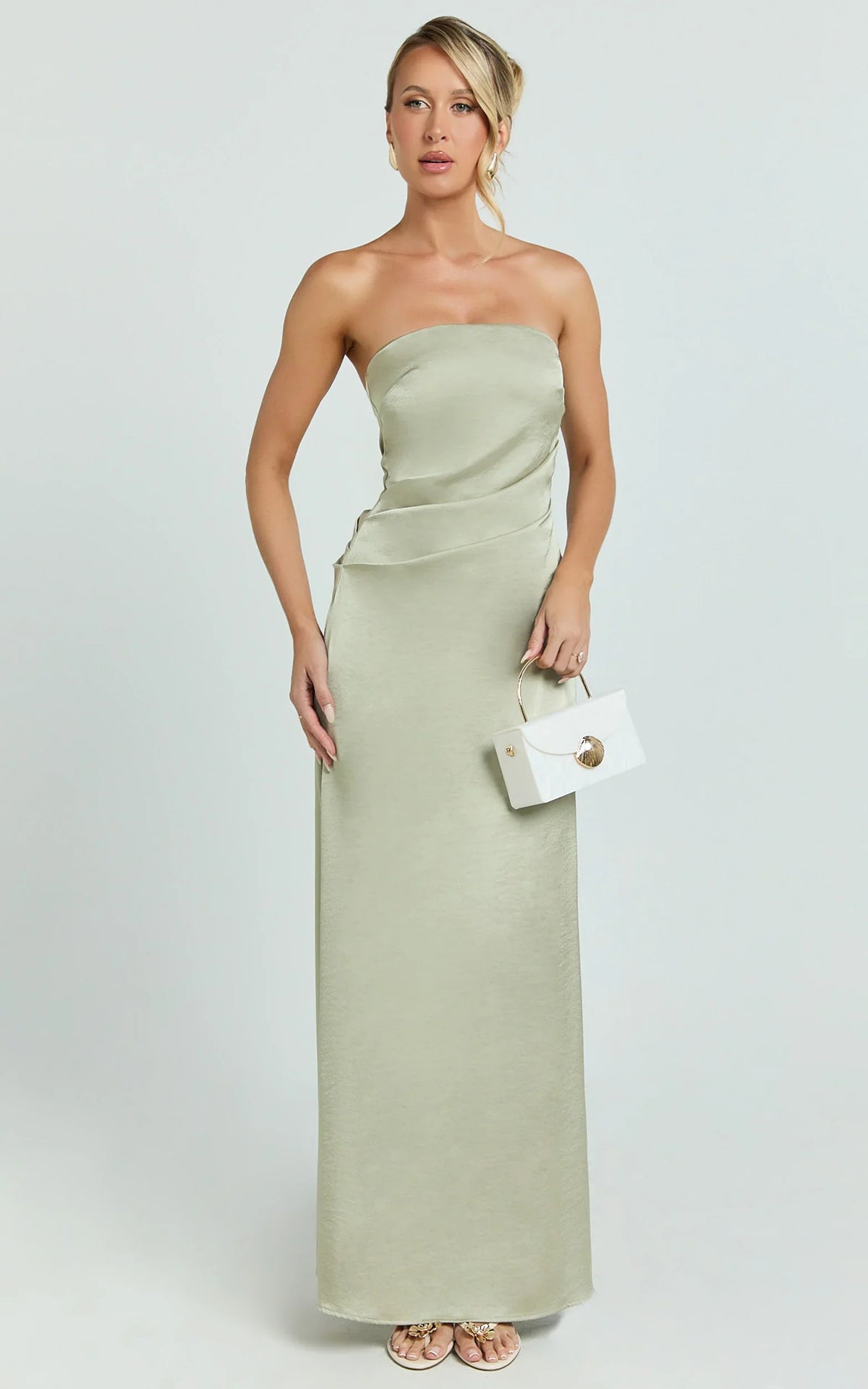 Laurie Maxi Dress - Strapless Draped Satin Dress in Light Olive