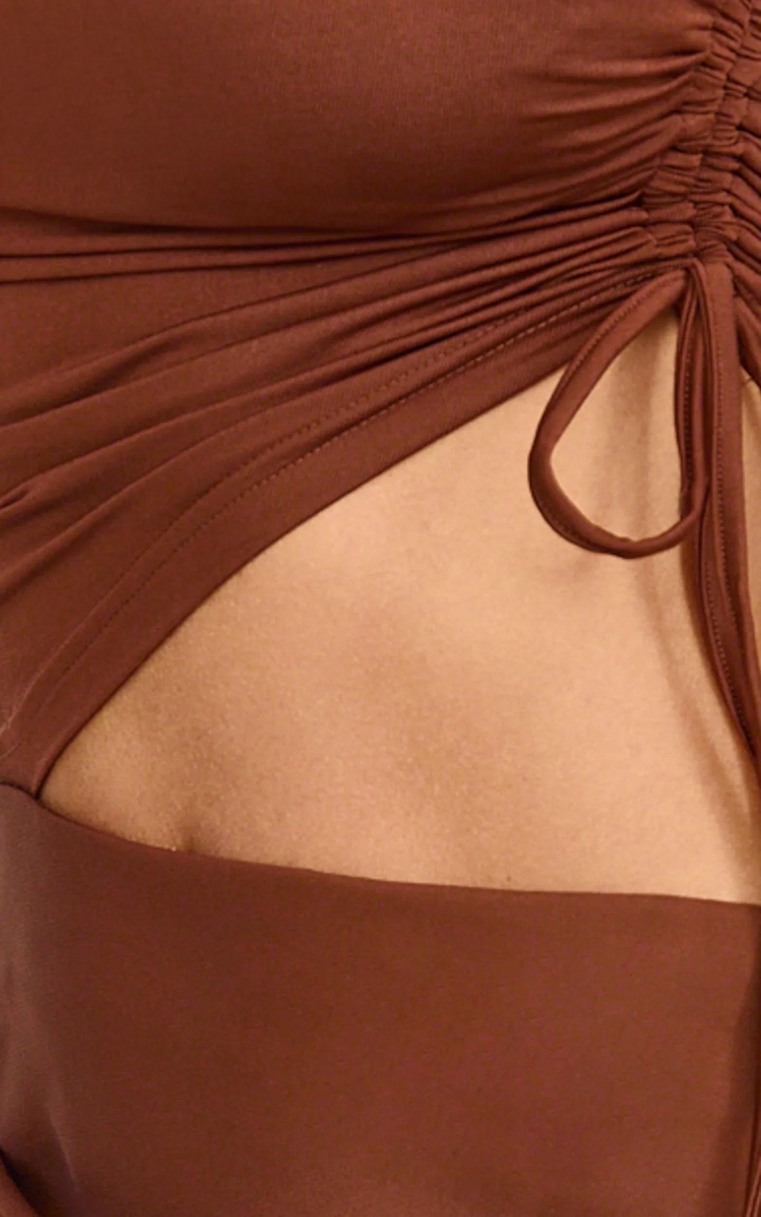 Fergie Maxi Dress - Strapless Side Ruched Cut Out Fitted Dress in chestnut brown