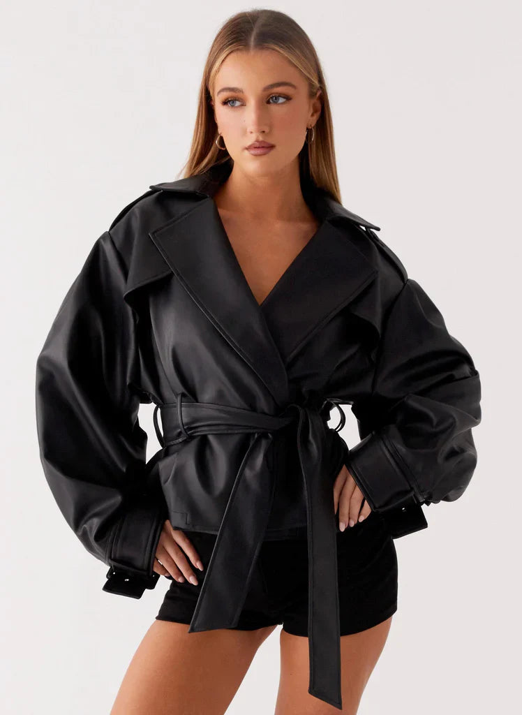 Midtown Faux Leather Trench - Black
